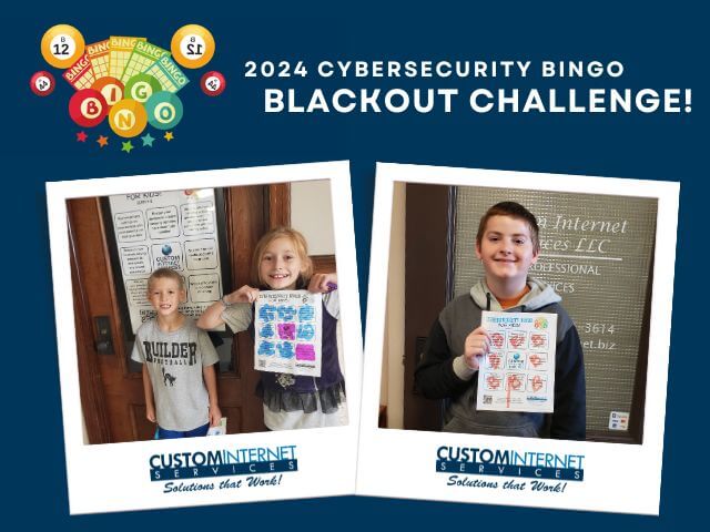 Photos of three kids holding bingo cards with all the spaces completed. Text reads, "2024 Cybersecurity Bingo Blackout Challenge"