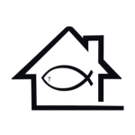 Logo for Mumford's Contracting, Shows Jesus fish inside an outline of a home