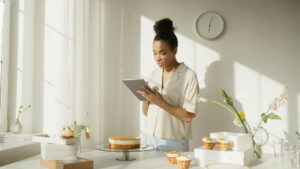 Woman filling out a form on a tablet. The woman is standing behind a table with baked goods and flowers on top.